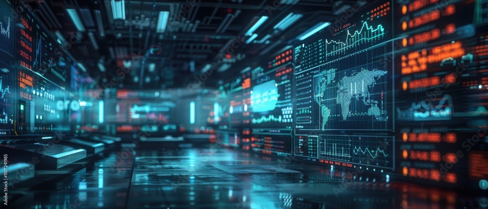 A futuristic control room with glowing screens displaying data and global maps, showcasing advanced technology and analytics. A futuristic control room with glowing screens displaying data and global maps, showcasing advanced technology and analytics.