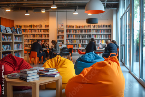 A library with people sitting in bean bags and chairs