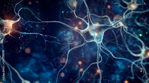An abstract illustration of the nervous system with highlighted neurons against a dark blue background, macro shot, Minimalist style