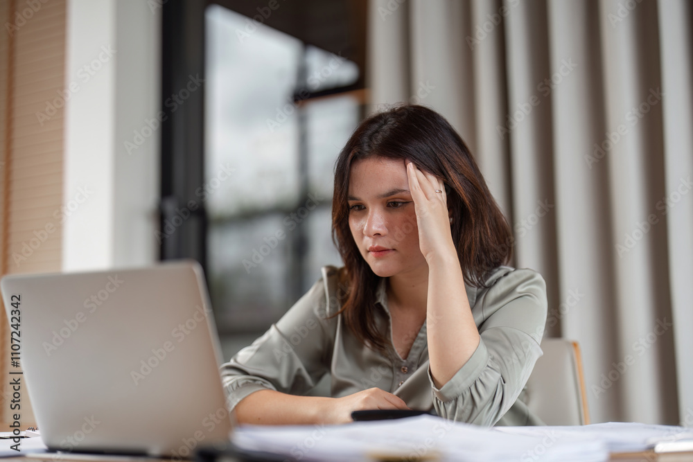 Stressed Businesswoman at Work with Laptop in Modern Office Environment Facing Deadlines and Pressure Stressed Businesswoman at Work with Laptop in Modern Office Environment Facing Deadlines and Pressure