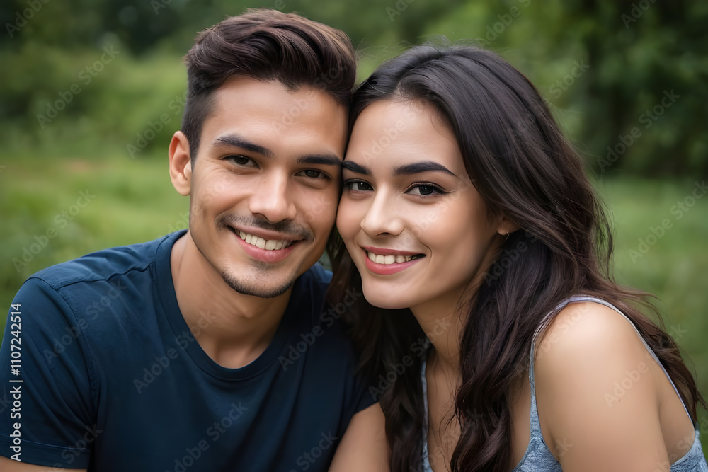 Happy couple smiling together in nature, showing love and affection Happy couple smiling together in nature, showing love and affection
