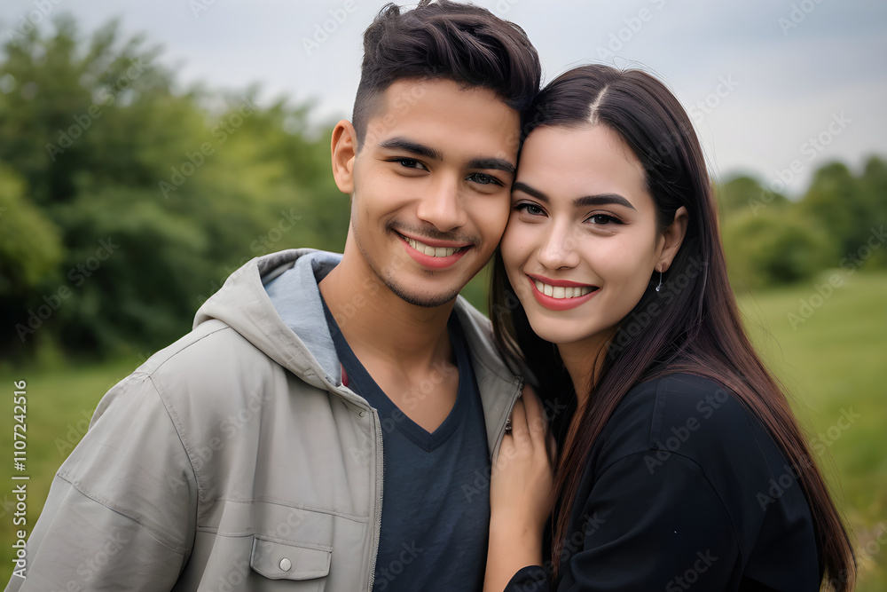 Happy young couple smiling and embracing in green park Happy young couple smiling and embracing in green park