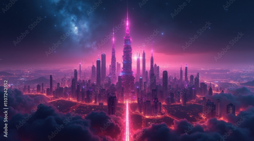 Obraz premium Neon Space Station City Outline
