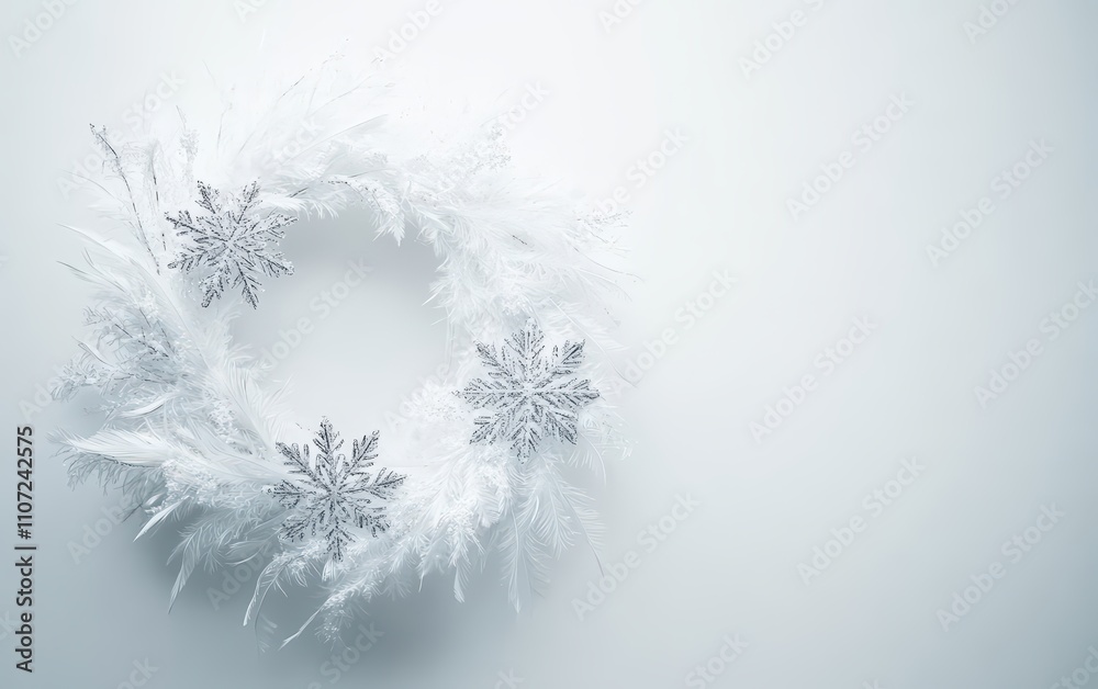 Obraz premium A winter-themed wreath made of white feathers and sparkling snowflake ornaments on a simple white backdrop