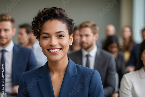 Smiling businesswoman leading a corporate meeting or conference