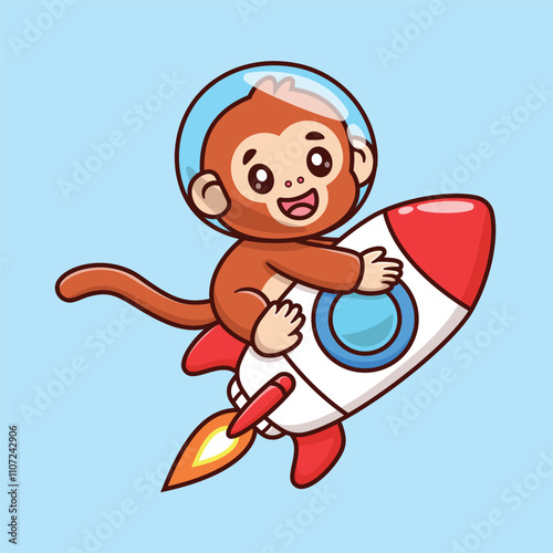 Cute Cartoon Monkey Riding a Rocket Animal Space Technology Icon Concept Isolated Premium Vector. Animals Cartoon Style