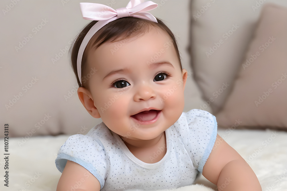 Adorable baby girl smiling and lying on soft blanket, wearing pink bow Adorable baby girl smiling and lying on soft blanket, wearing pink bow