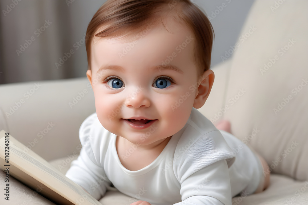 Adorable baby smiling and playing with book on sofa Adorable baby smiling and playing with book on sofa