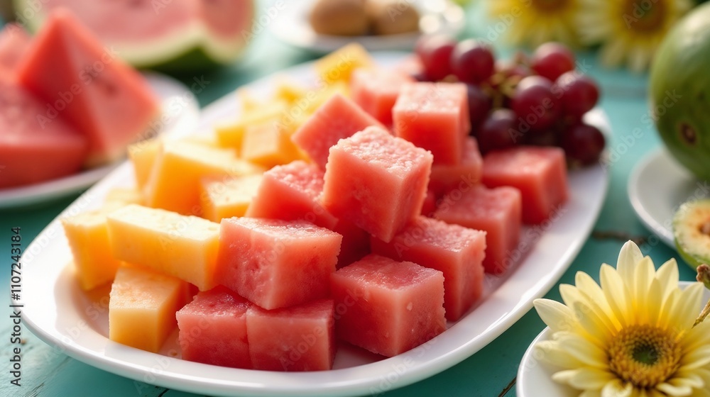 Fresh fruit platter with watermelon, cantaloupe, and grapes on a colorful table during a summer gathering Fresh fruit platter with watermelon, cantaloupe, and grapes on a colorful table during a summer gathering
