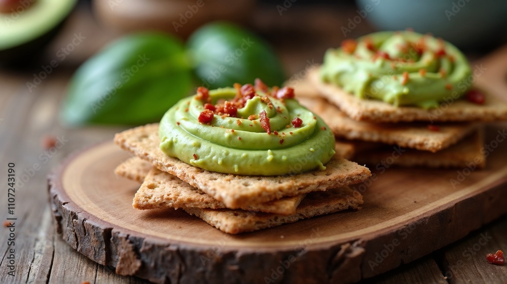 Delicious crackers topped with creamy avocado spread and crispy bacon bits on a wooden board Delicious crackers topped with creamy avocado spread and crispy bacon bits on a wooden board