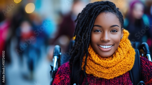 A joyful young woman smiles brightly while seated in a wheelchair, showcasing her vibrant personality with a bright yellow scarf in a bustling urban environment.