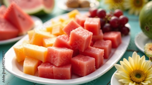 Fresh fruit platter with watermelon, cantaloupe, and grapes on a colorful table during a summer gathering