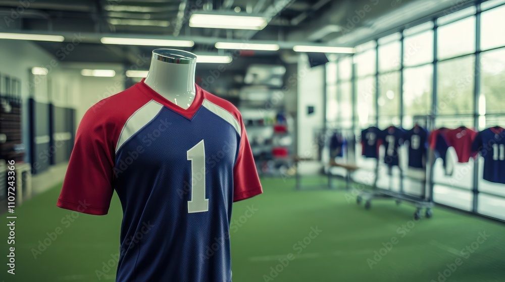 Fototapeta premium Sports Jersey on Mannequin: A customizable sports jersey displayed on a mannequin, with front and back views in a sports facility setting.
