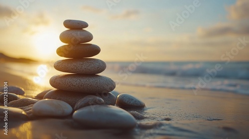 Balanced rock pyramid on sea pebbles beach