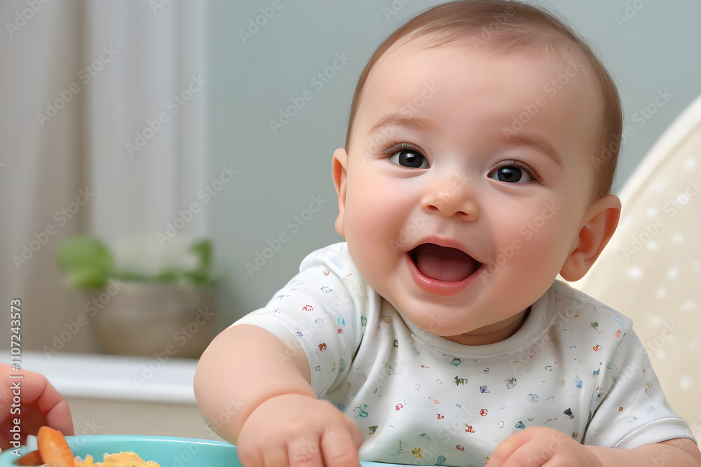 Happy baby smiling and reaching for food in high chair