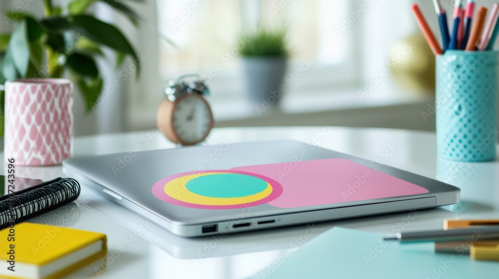 Sticker on Laptop: A colorful sticker placed on the lid of a laptop, set on a modern workspace with notebooks and pens around. Sticker on Laptop: A colorful sticker placed on the lid of a laptop, set on a modern workspace with notebooks and pens around.