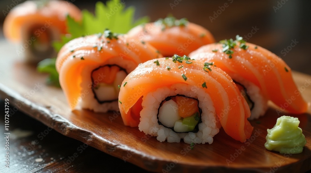 Meticulously Arranged Sushi on Wooden Plate Meticulously Arranged Sushi on Wooden Plate