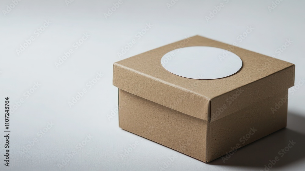 Fototapeta premium Sticker on Packaging: A round sticker sealing a brown box package, set on a clean, minimal background, highlighting the branding.