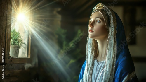 The Annunciation: The Virgin Mary in a humble home setting, dressed in a blue and white robe, looking upwards with awe and grace as the angel Gabriel appears before her.