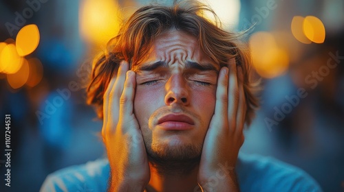 The man holds his head with his hands and experiences a severe headache. Vertigo Dizziness And BPPV Brain Pain Stroke