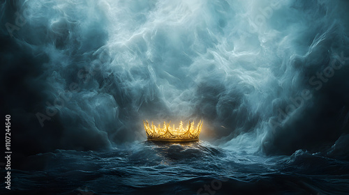 Delusions: A Stunning Representation of Isolation Captured in a Glowing Crown Resting on a Cracked and Empty Throne photo