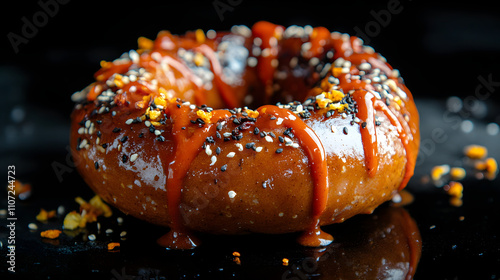 Mouthwatering Depiction of a Classic Mashup Bagel Dog û A Hot Dog Enveloped in Golden, Crispy Bagel Shell with Zesty Sauces and Flavorful Toppings photo