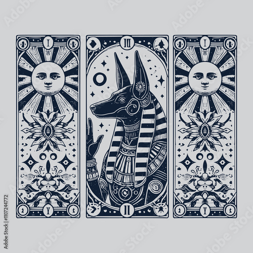 vintage anubis ouija card tattoo with subtle tones