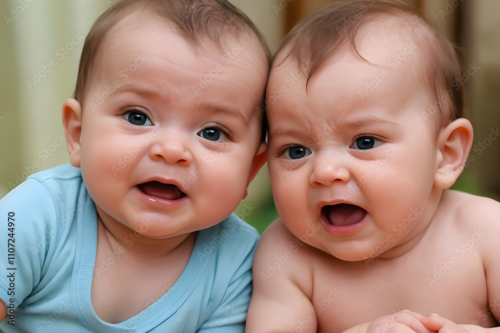 Adorable twin babies lying on stomach, one smiling and one crying