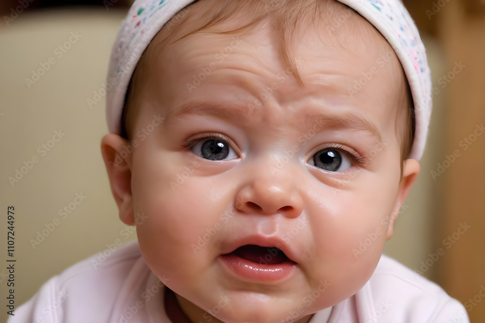 Baby girl making a funny face while wearing a headband Baby girl making a funny face while wearing a headband
