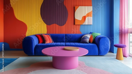Playful pop art living room, bold blue sofa, round pink coffee table, vibrant multicolored stucco wall with copy space, and eclectic decor
