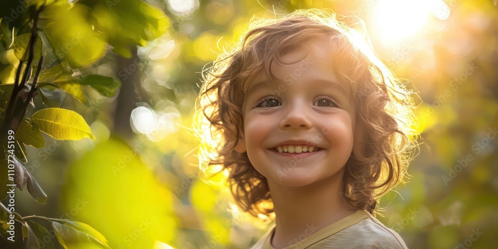 Fototapeta premium A candid face portrait of a child with a big smile, framed by sunlight filtering through trees in a park