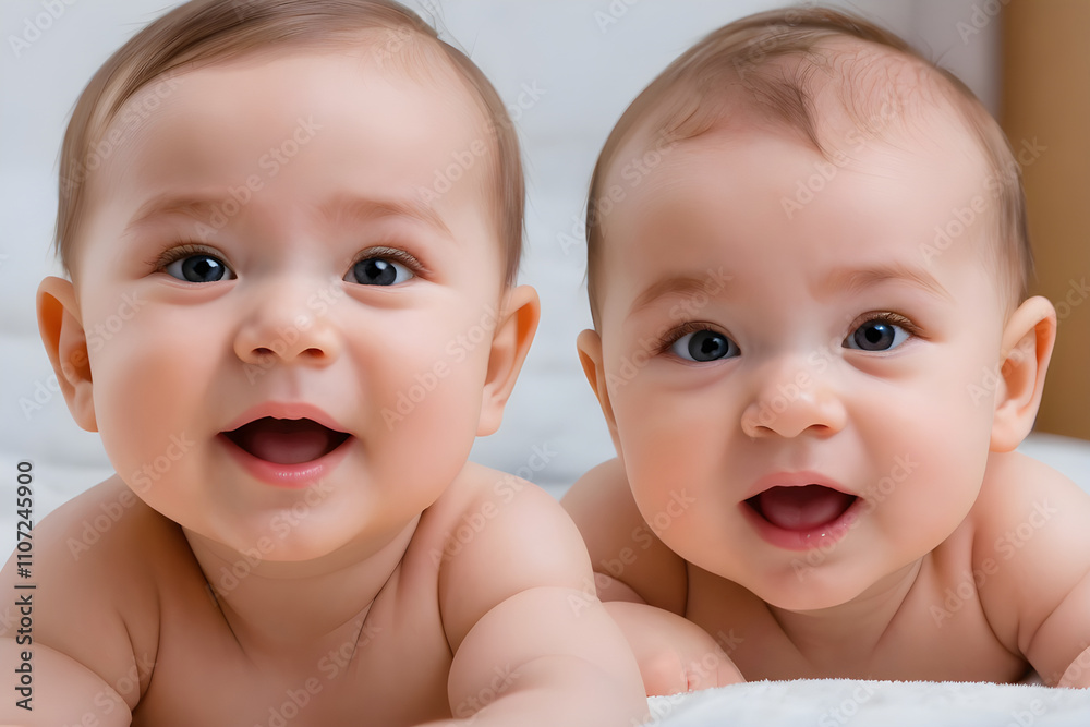 Two happy baby twins lying on bed smiling and having fun Two happy baby twins lying on bed smiling and having fun