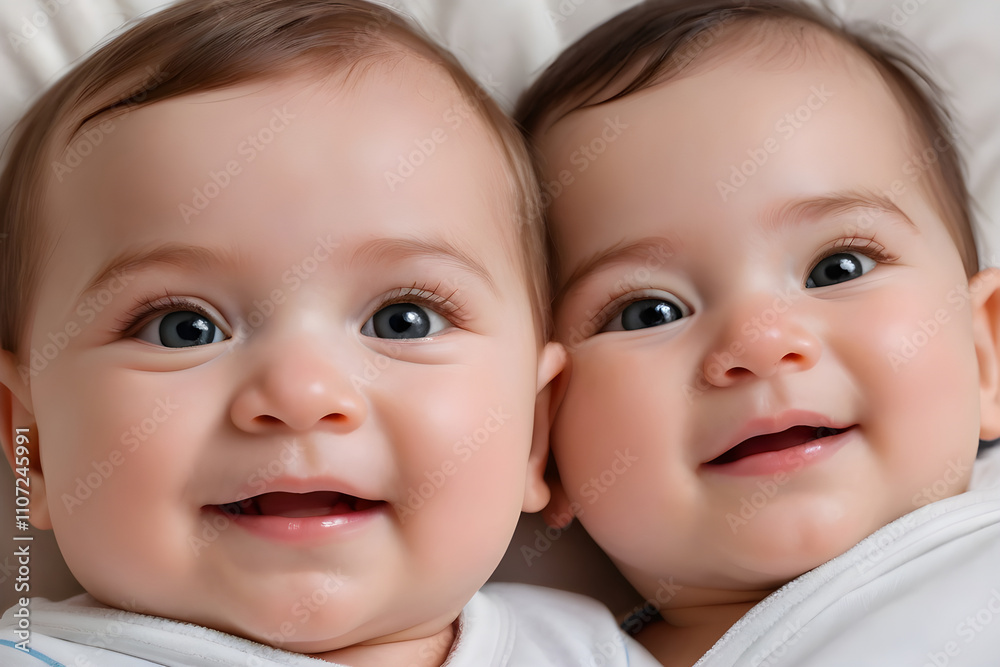 Two happy baby twins smiling together on white blanket Two happy baby twins smiling together on white blanket