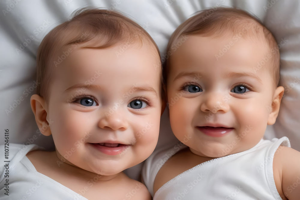 Two adorable babies smiling and lying on white sheets Two adorable babies smiling and lying on white sheets