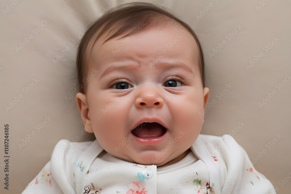 Baby lying on back and crying wearing white onesie Baby lying on back and crying wearing white onesie