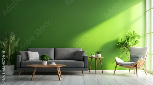 Scandinavian-style interior, gray couch paired with a wooden table, cozy lounge chair, and a vibrant green wall for contrast