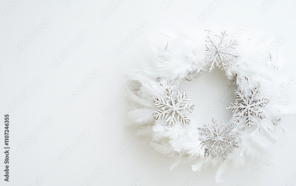 A winter-themed wreath made of white feathers and sparkling snowflake ornaments on a simple white backdrop A winter-themed wreath made of white feathers and sparkling snowflake ornaments on a simple white backdrop