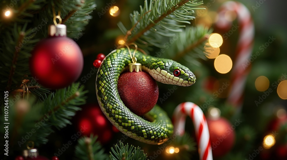 A green snake hanging from a christmas tree with ornaments and candy canes A green snake hanging from a christmas tree with ornaments and candy canes