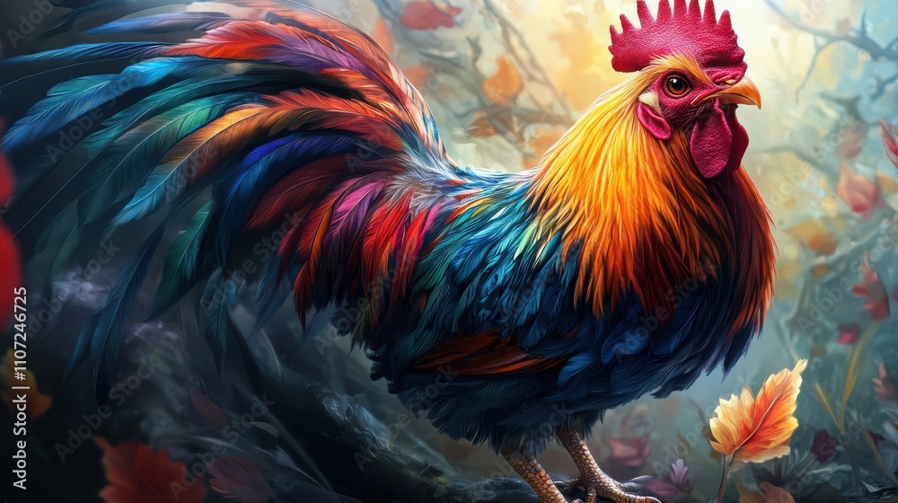 Colorful rooster in a vibrant natural setting