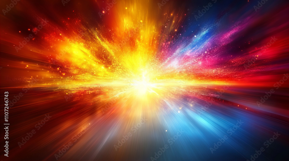 Fototapeta premium vibrant explosion of colors in cosmic scene, featuring bright reds, yellows, and blues, creating dynamic and energetic atmosphere. radiant light bursts outward, evoking sense of wonder