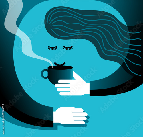 Woman drinking coffee with espresso cup, blue tone