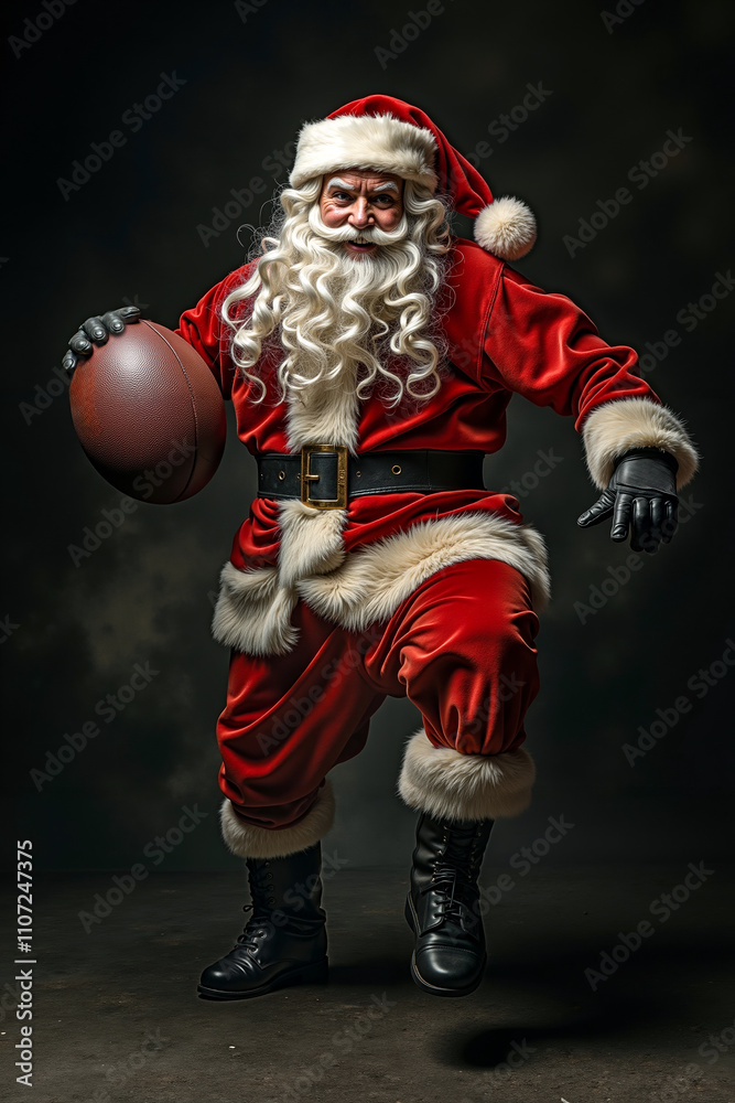 A man dressed as Santa Claus holding a football in his hands A man dressed as Santa Claus holding a football in his hands