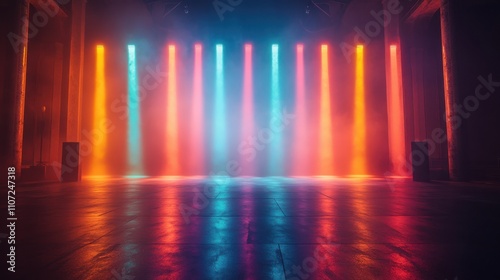 A vibrant stage awaits, illuminated by colorful beams of light piercing through a smoky atmosphere, reflecting beautifully off the polished floor, ready for an electrifying performance.