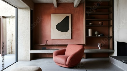 Sleek modern living room, coral armchair, minimalist shelves, abstract art on walls, Japandi-style serenity
