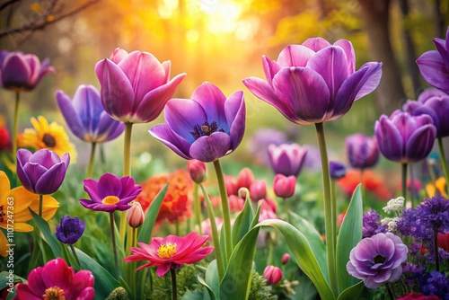 Vintage Style Photography of a Blooming Spring Garden with Purple Anemones, Tulips, and Primula Flowers in a Beautifully Arranged Flower Bed Background