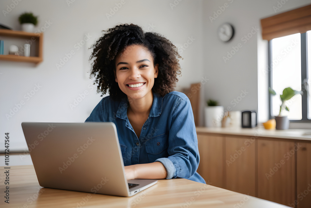 Smiling freelancer working from home on laptop in kitchen Smiling freelancer working from home on laptop in kitchen