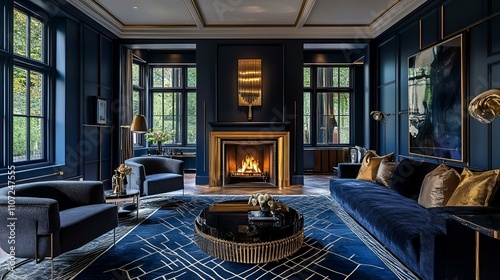 Sophisticated Art Deco living room, dark blue walls, gold-accented fireplace, sleek furniture, and geometric patterns for a luxurious vibe