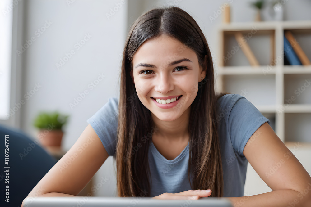 Happy young woman smiling and using laptop computer at home