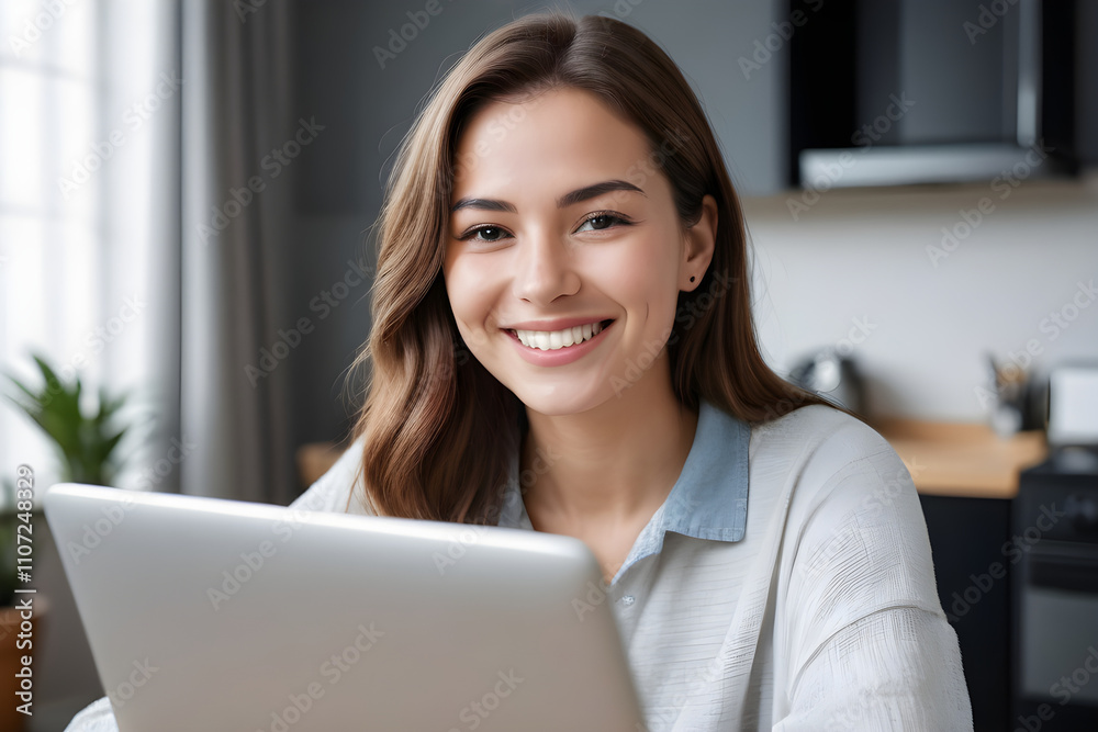 Young woman smiling and working on laptop at home Young woman smiling and working on laptop at home