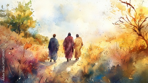 watercolor illustration of Jesus walking with two disciples on the road to Emmaus after His resurrection. The scene is filled with soft, warm hues of the countryside, conveying peace and revelation